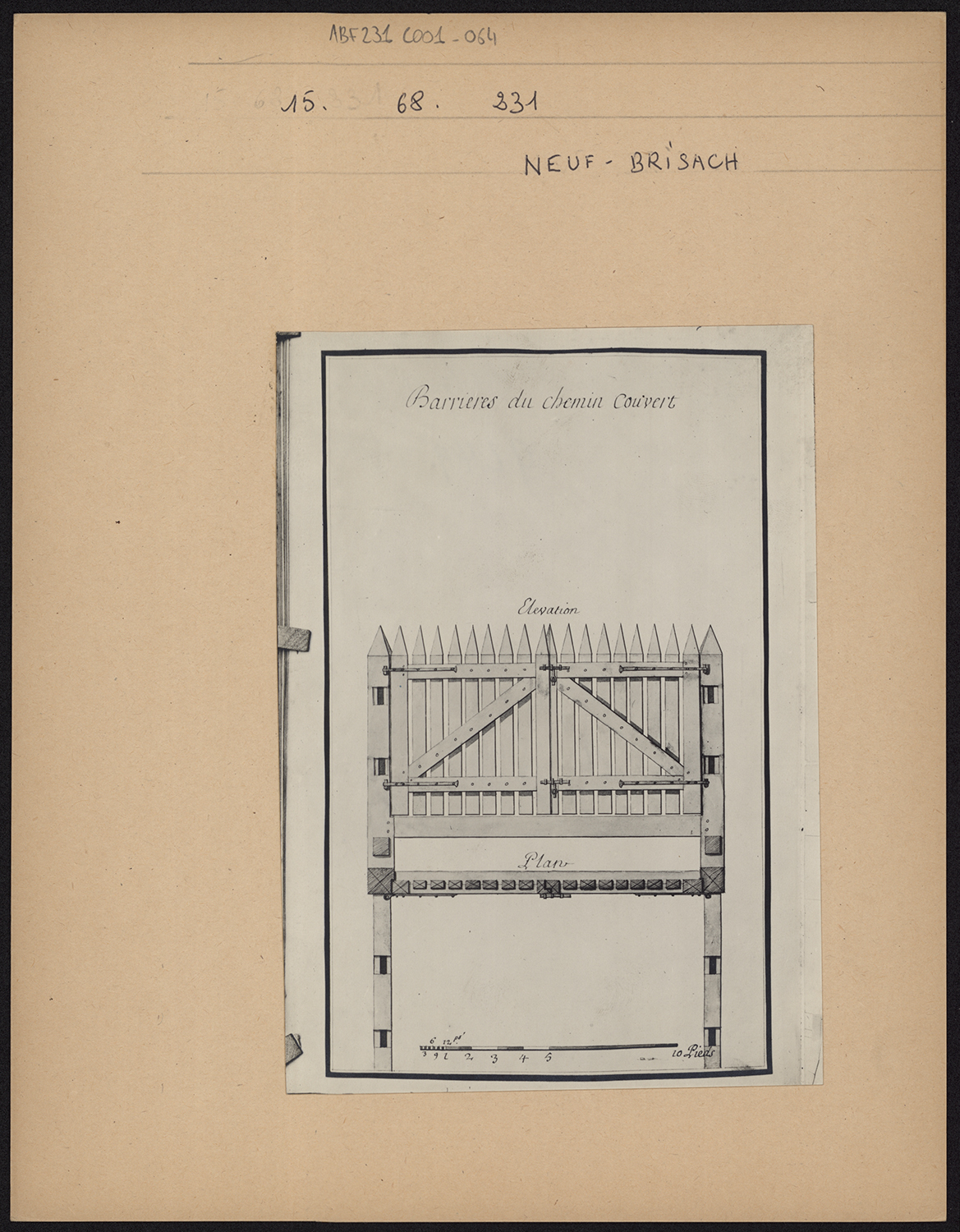 Plan et élévation des barrières du chemin couvert.