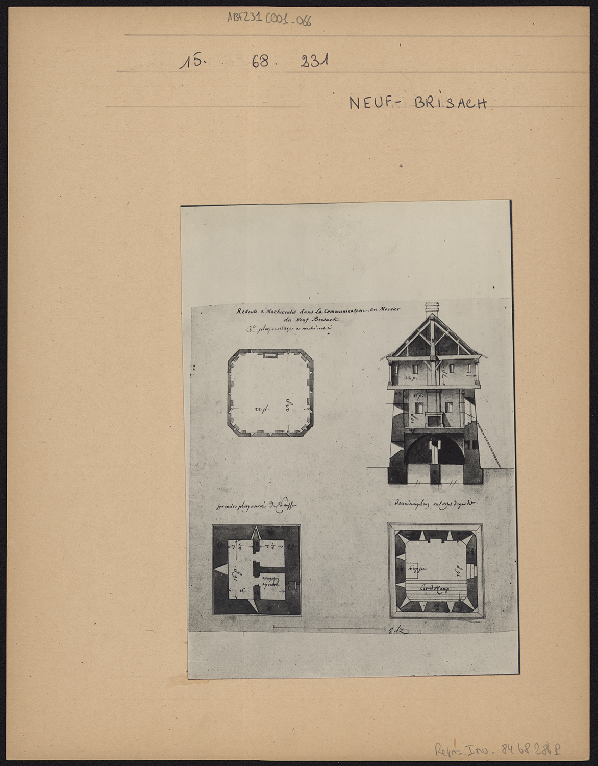 Plans de masse des niveaux et élévation d’une redoute à mâchicoulis.