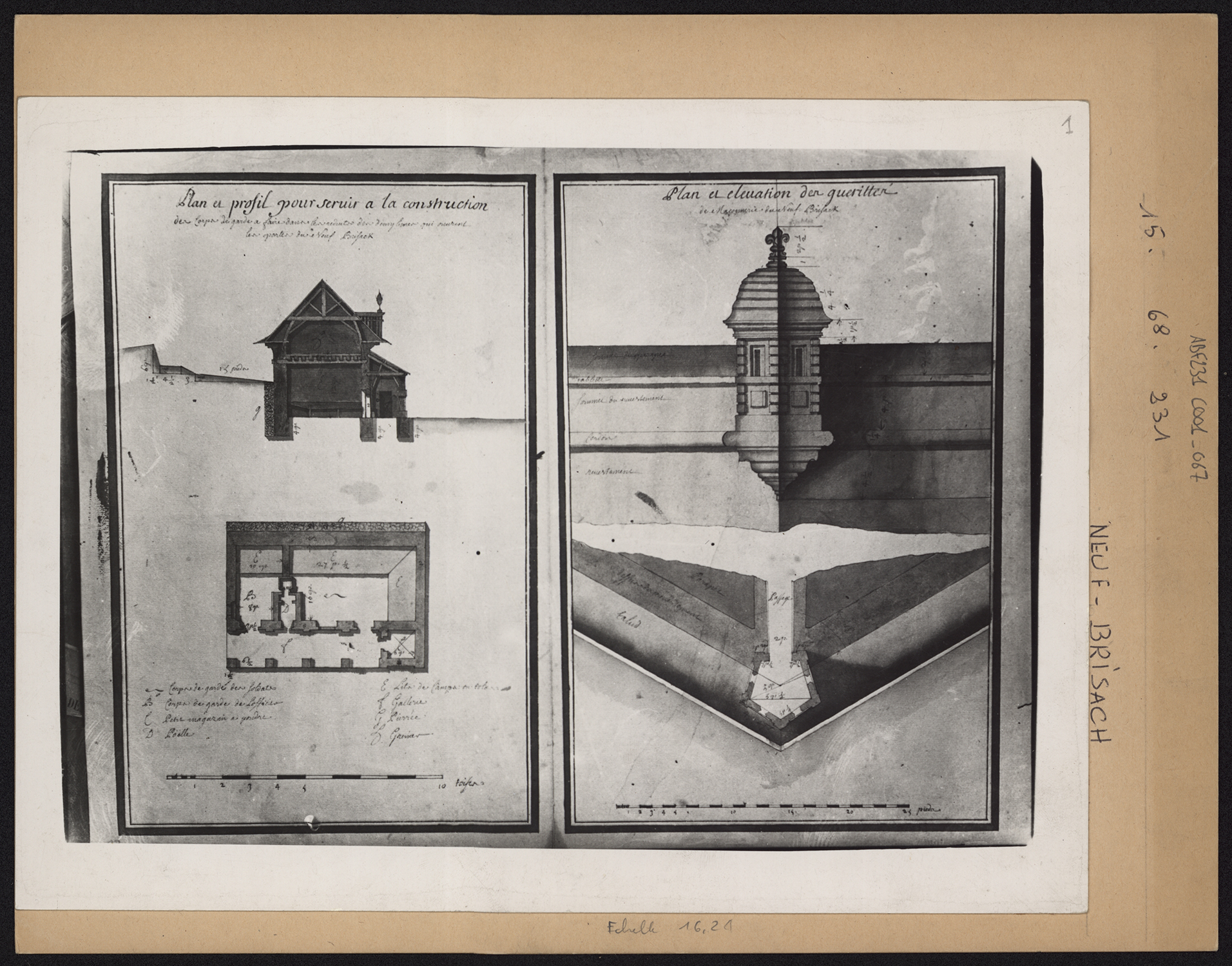 Plans de masse et élévations d’un corps de garde et d’une guérite du rempart.