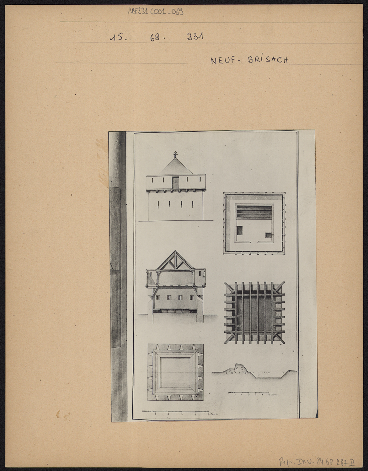 Plans de masse des niveaux, élévation et coupe d’une tour.