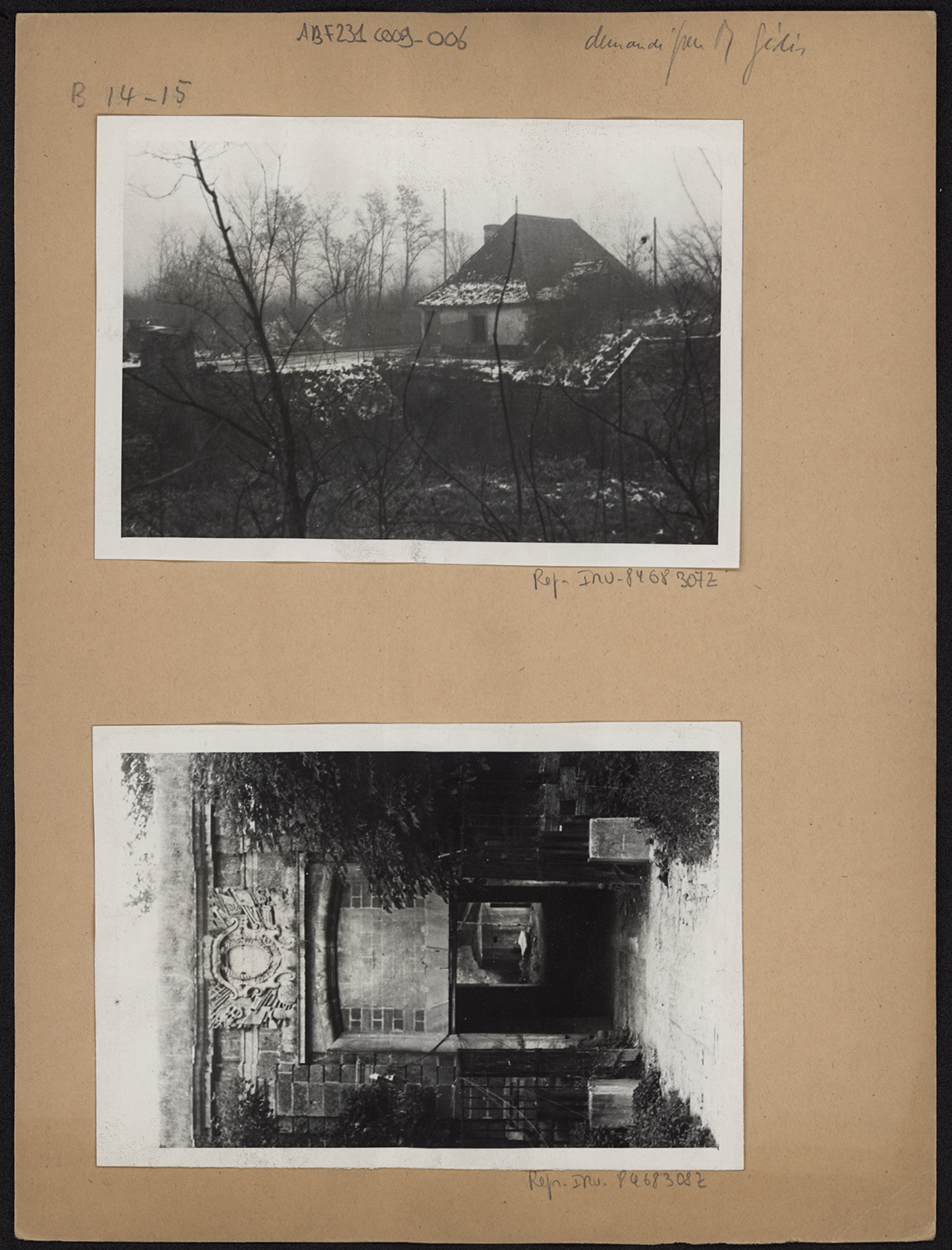 Dommages de guerre, vue d’ensemble du corps de garde (détruit) et vue de détail de la porte de Bâle.