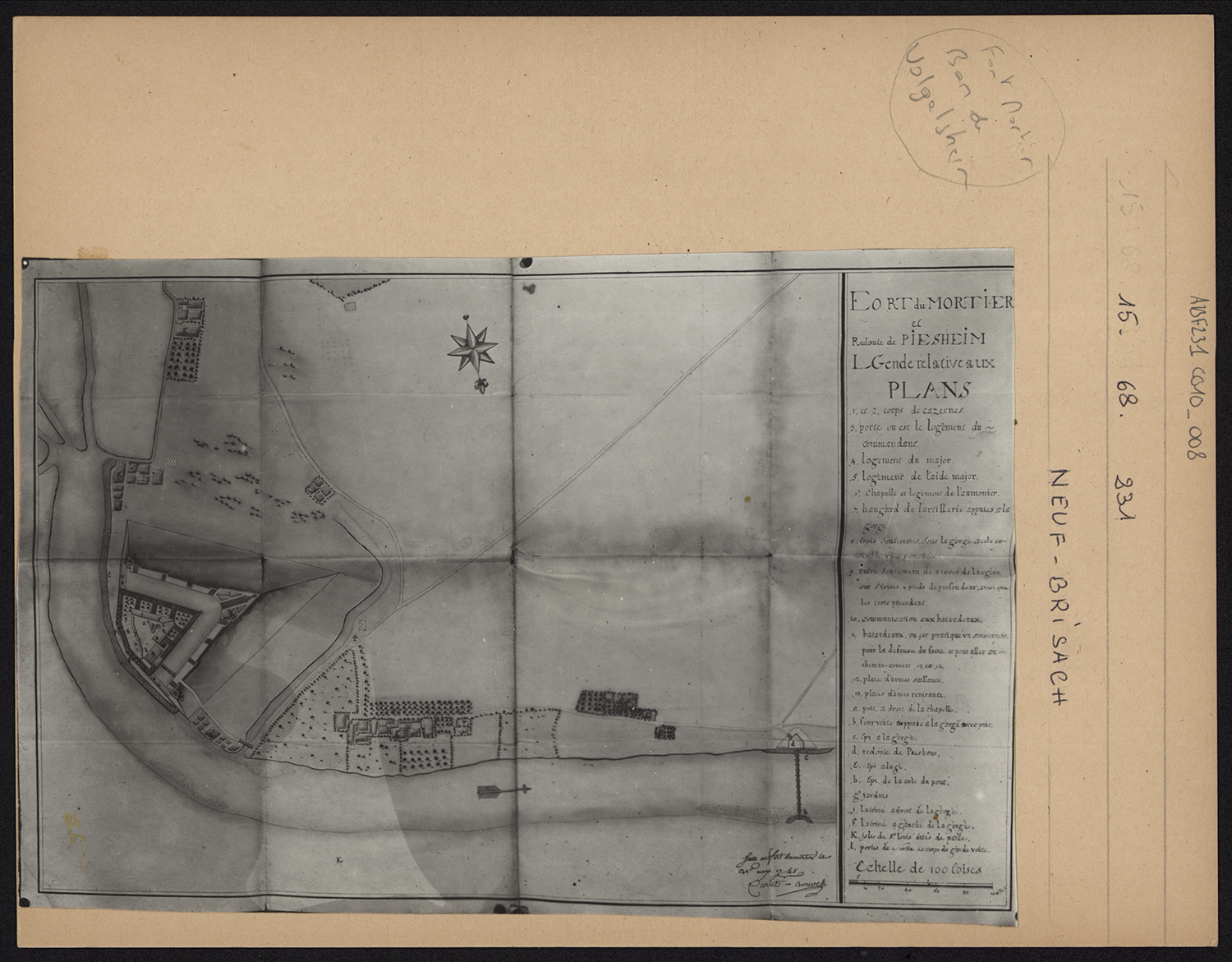 Plan d’ensemble du Fort Mortier et coupe sur la redoute fortifiée.