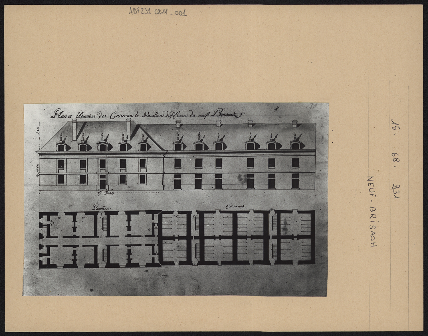 Projet initial, plan de masse et élévation de la façade principale.