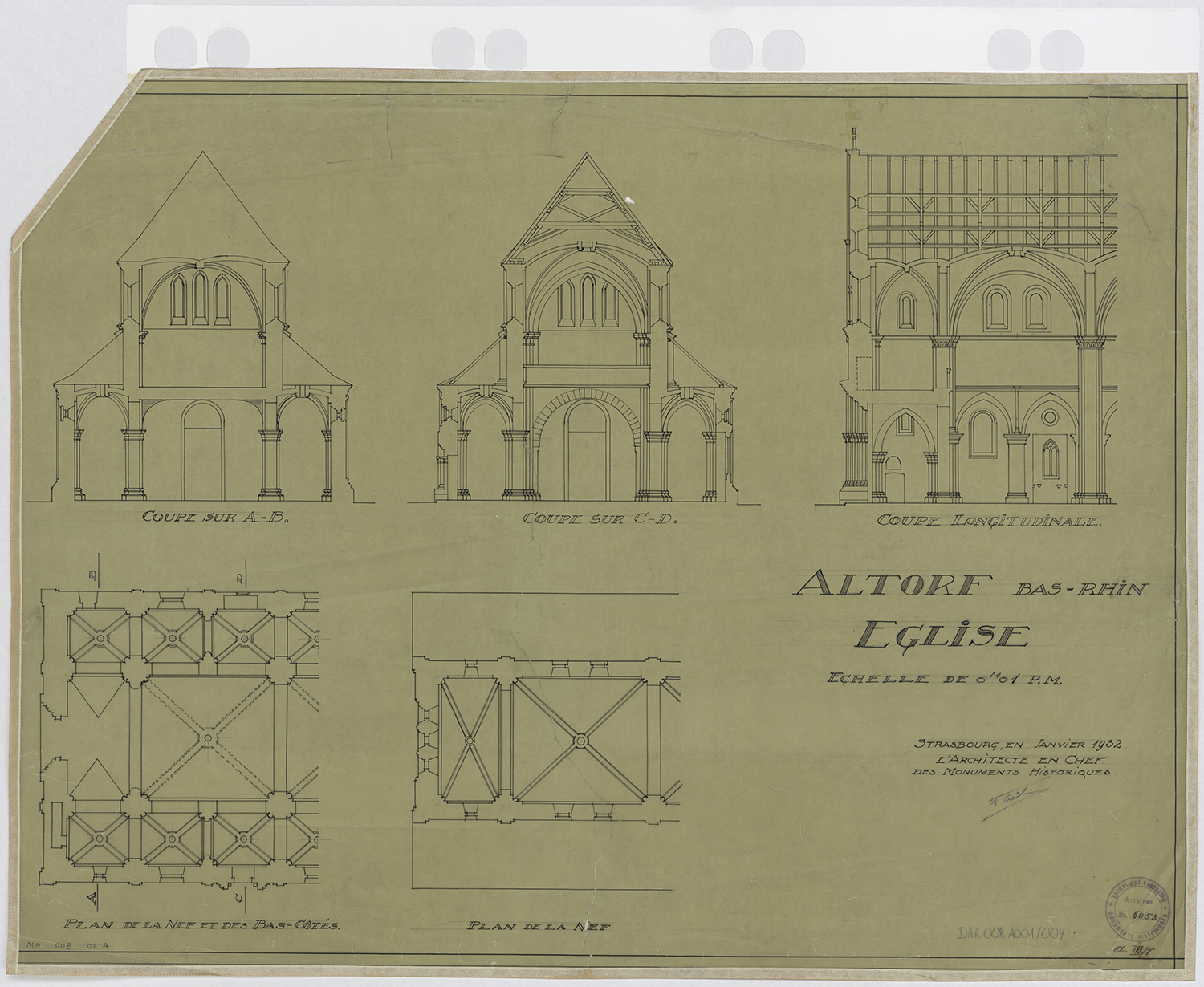 Plans de masse de la nef et des bas-côtés, coupes longitudinale et transversales sur la nef et le choeur.