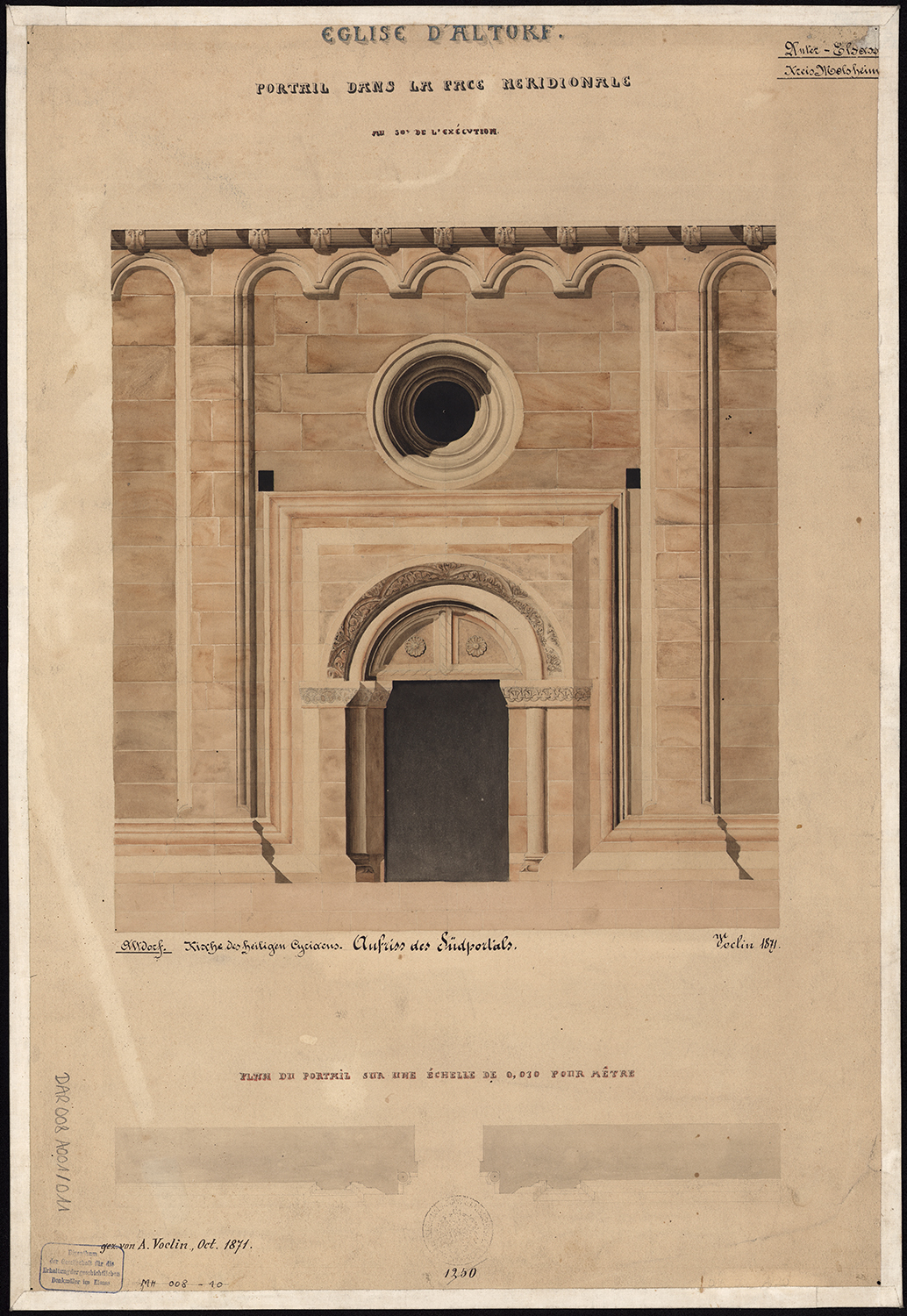 Plan de masse et élévation du portail sud.