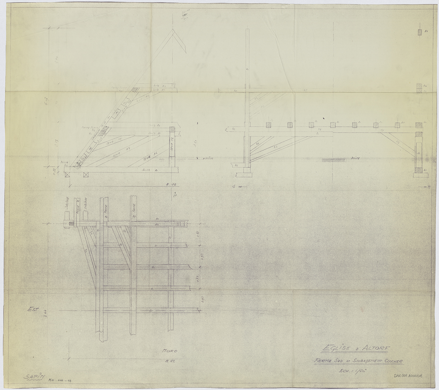 Charpente, plans de la ferme sud et du soubassement du clocher.