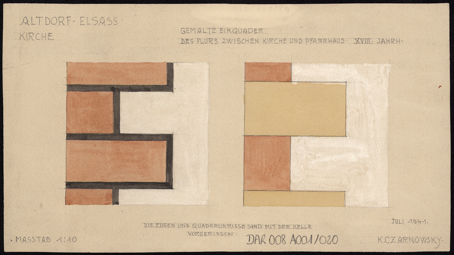 Relevés de maçonneries peintes entre l’église et le presbytère.