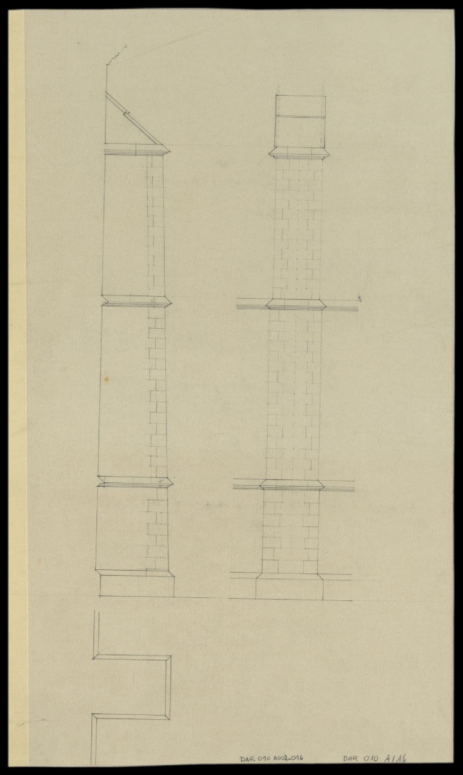 Plan et élévations principale et latérale d’un contrefort.