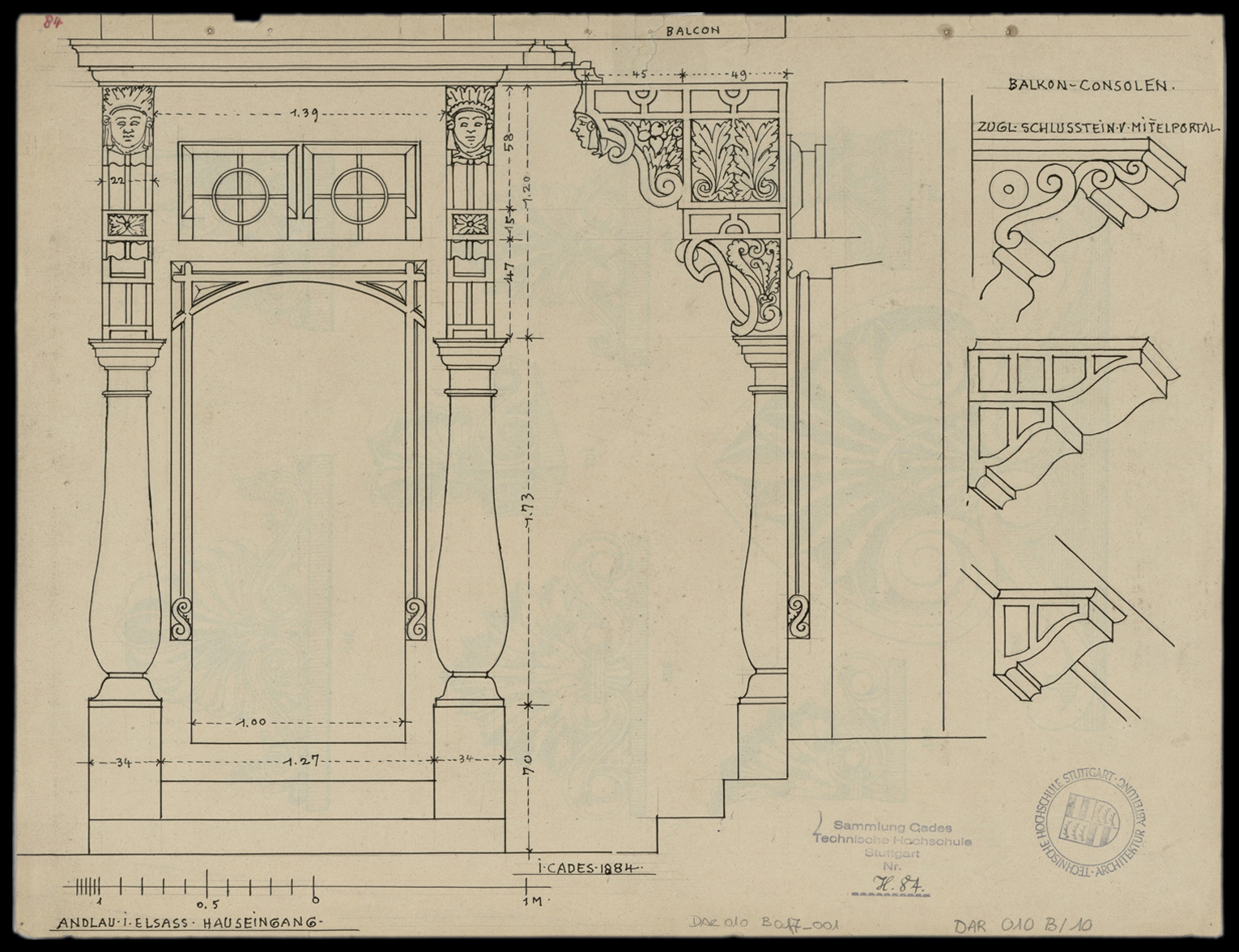 Elévations principale et latérale de la porte, détails des consoles du balcon.