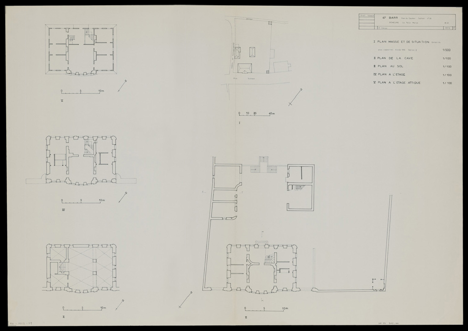 Plan de situation, plans de masse de la cave, au sol, à l'étage et à l'étage attique.