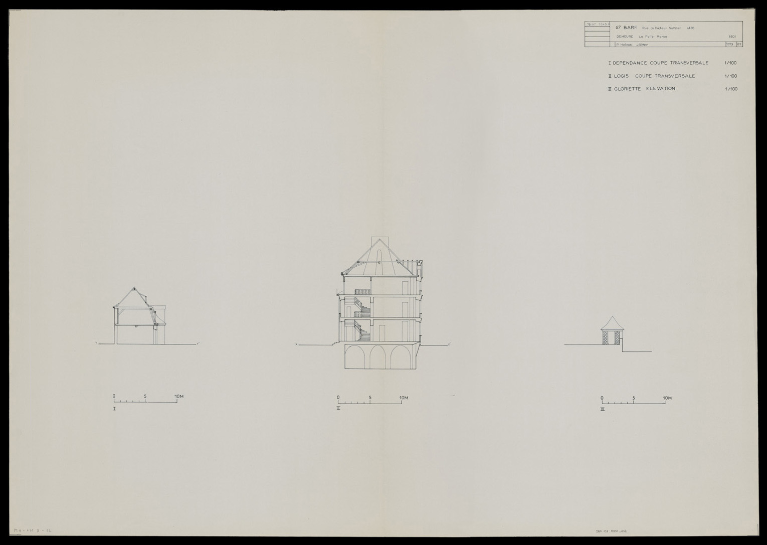 Coupes transversales de la dépendance et du logis, élévation de la gloriette.