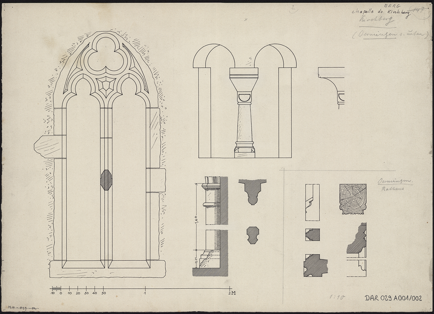 Relevés de détails, fenêtre du chœur, fenêtre de la tour-clocher, piles et moulures.