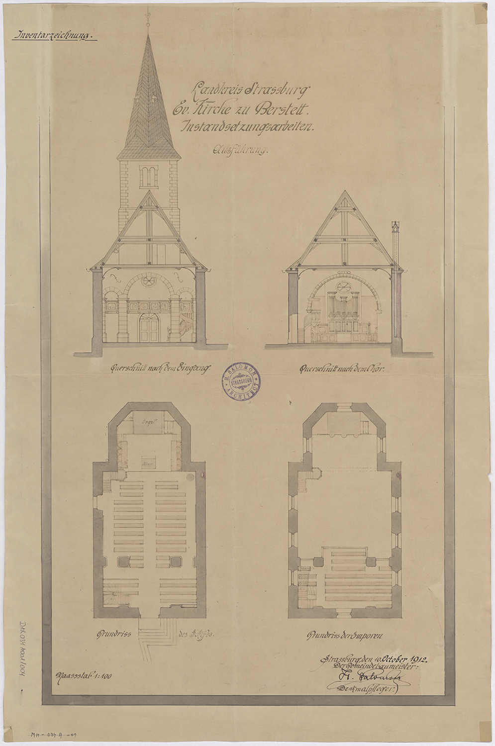 Vues en plan et coupes transversales sur la nef et sur le choeur.