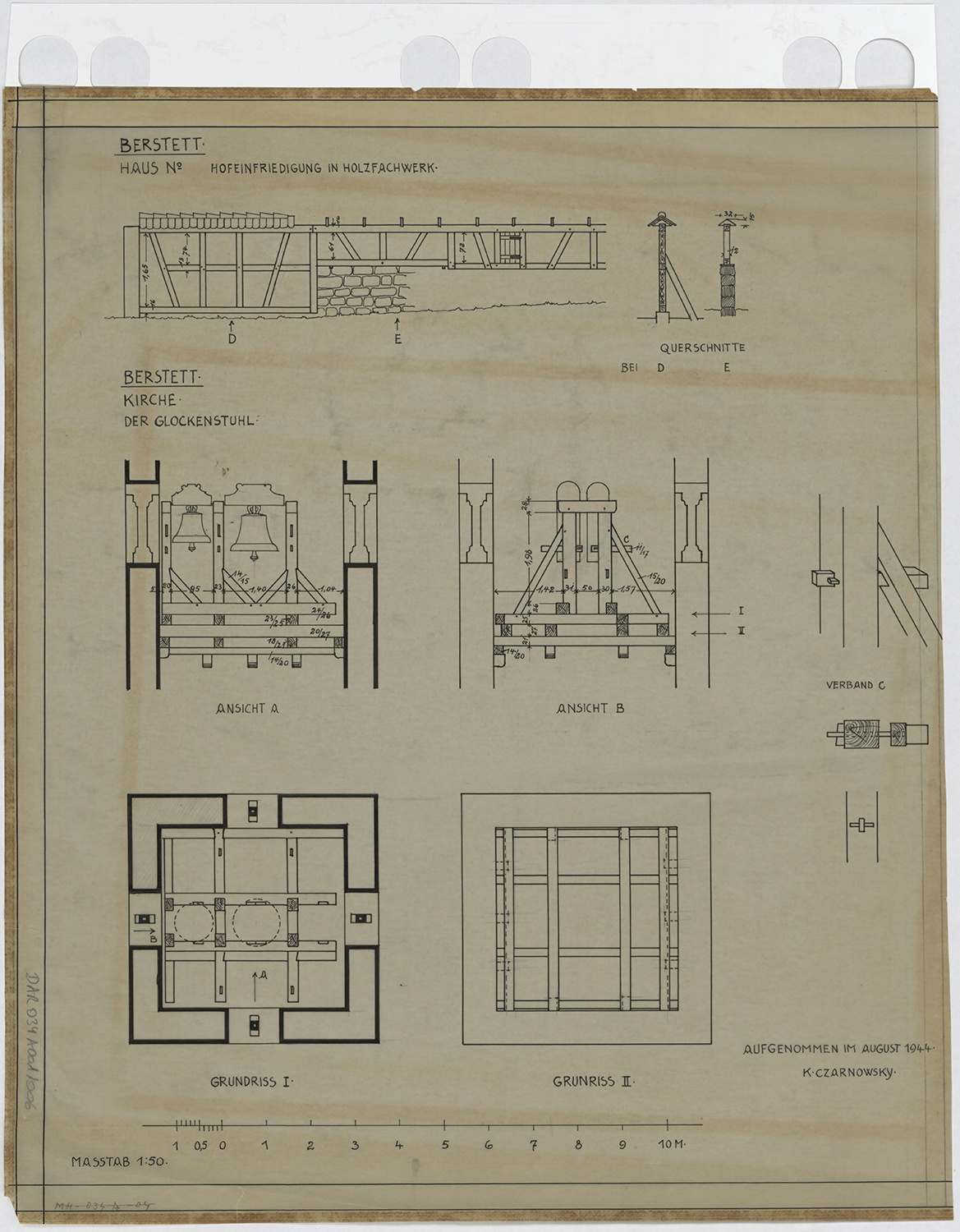 Plans et coupes du clocher et mur de clôture en pan de bois.