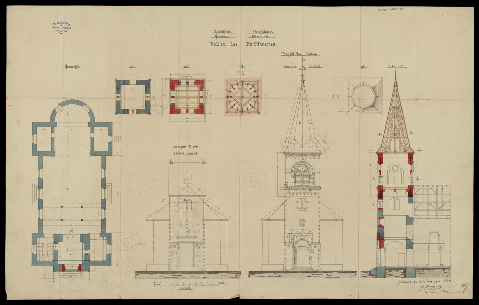 Projet de transformation de la tour porche : plans, coupes, élévation.