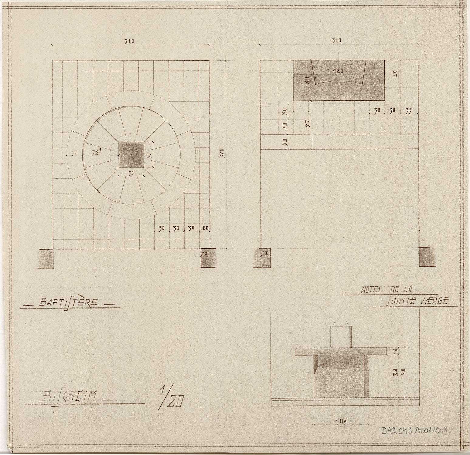 Baptistère et autel de la Vierge, plan et élévation.