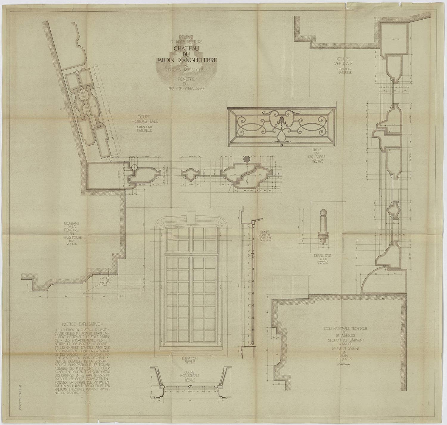 Fenêtre du rez-de-chaussée : élévation, plan et coupe.