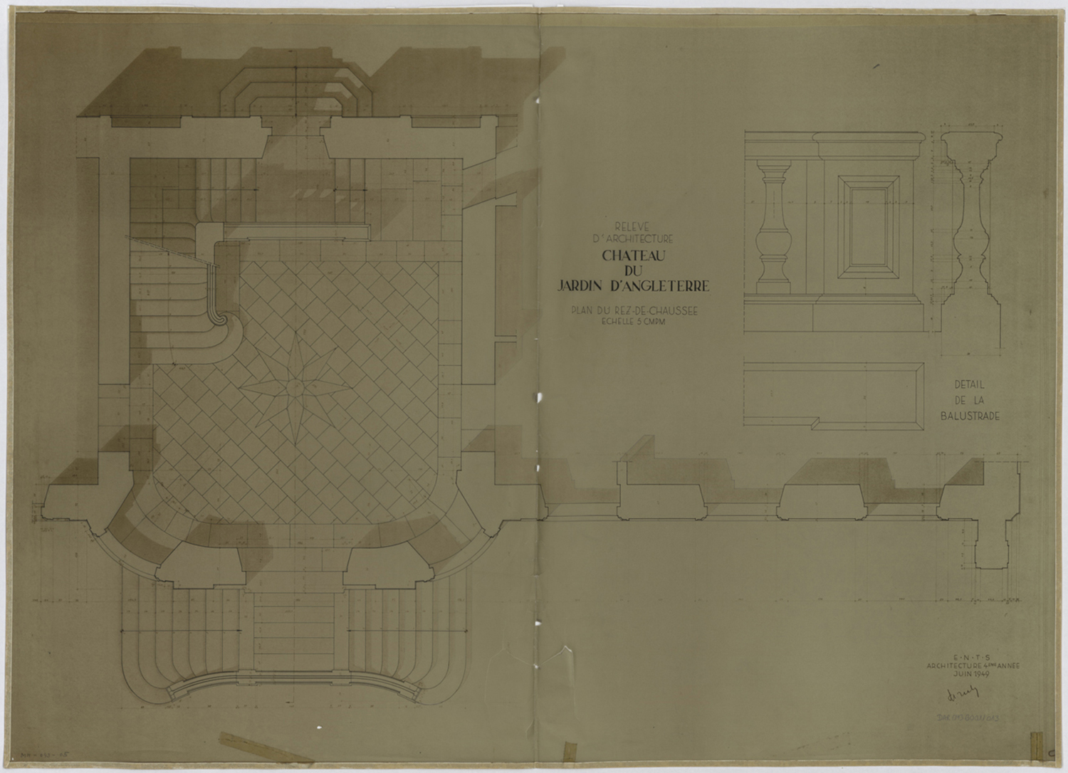 Plan du rez-de-chaussée et détail de balustrade.