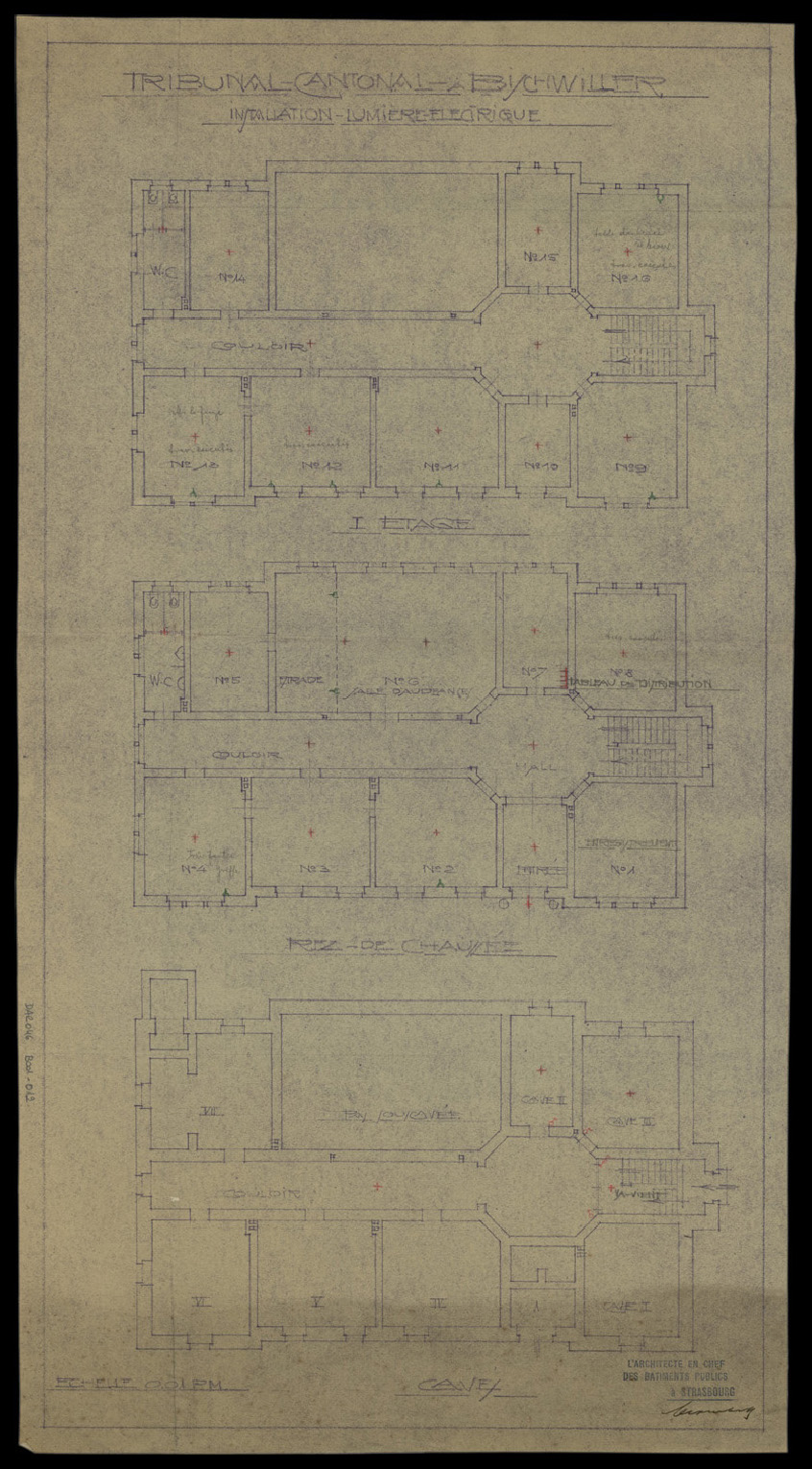 Plan des installations électriques de la cave, du rez-de-chaussée et du premier étage.