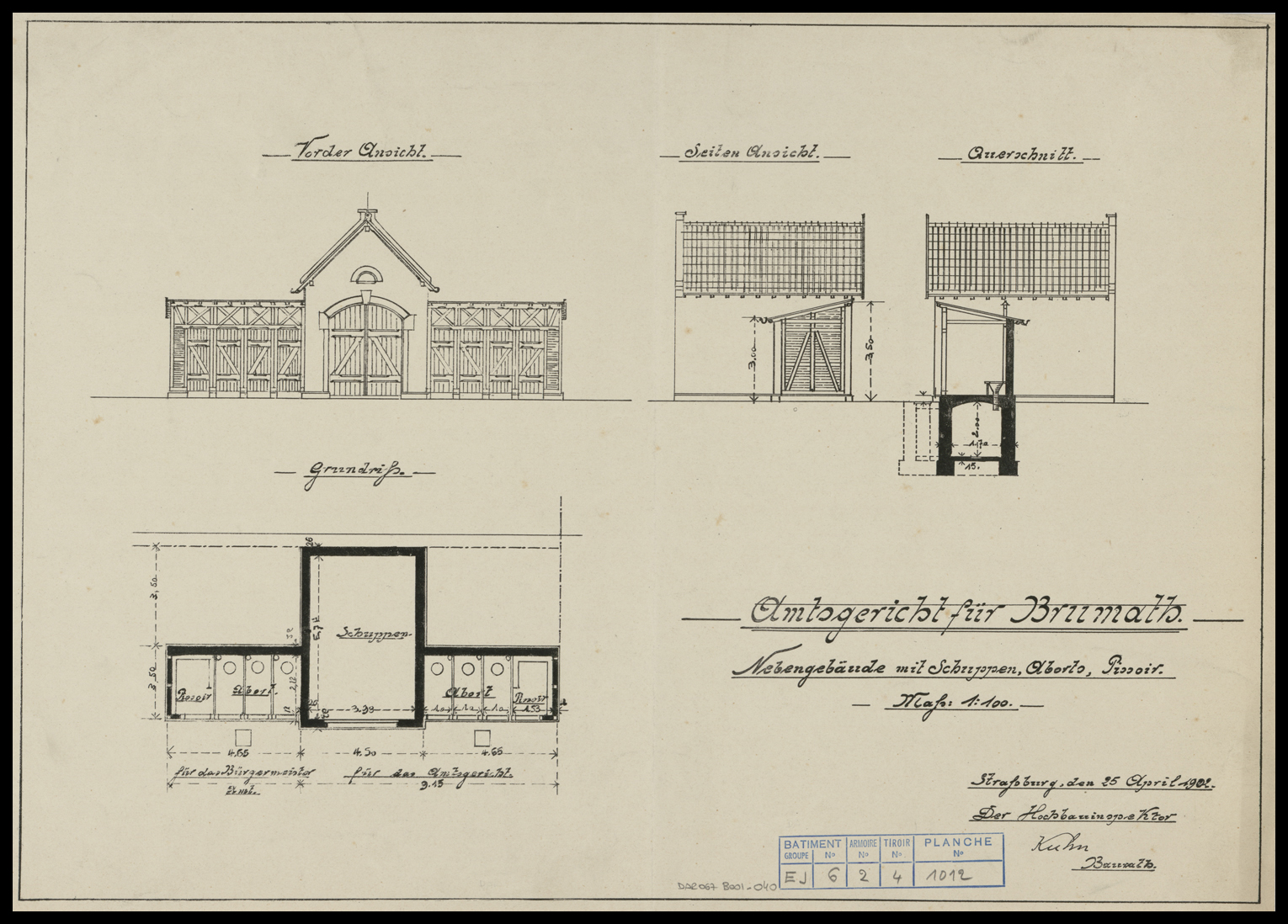 Nouveau bâtiment du tribunal, élévation des façades principale et latérale, coupe transversale et plan du bâtiment annexe abritant les toilettes.