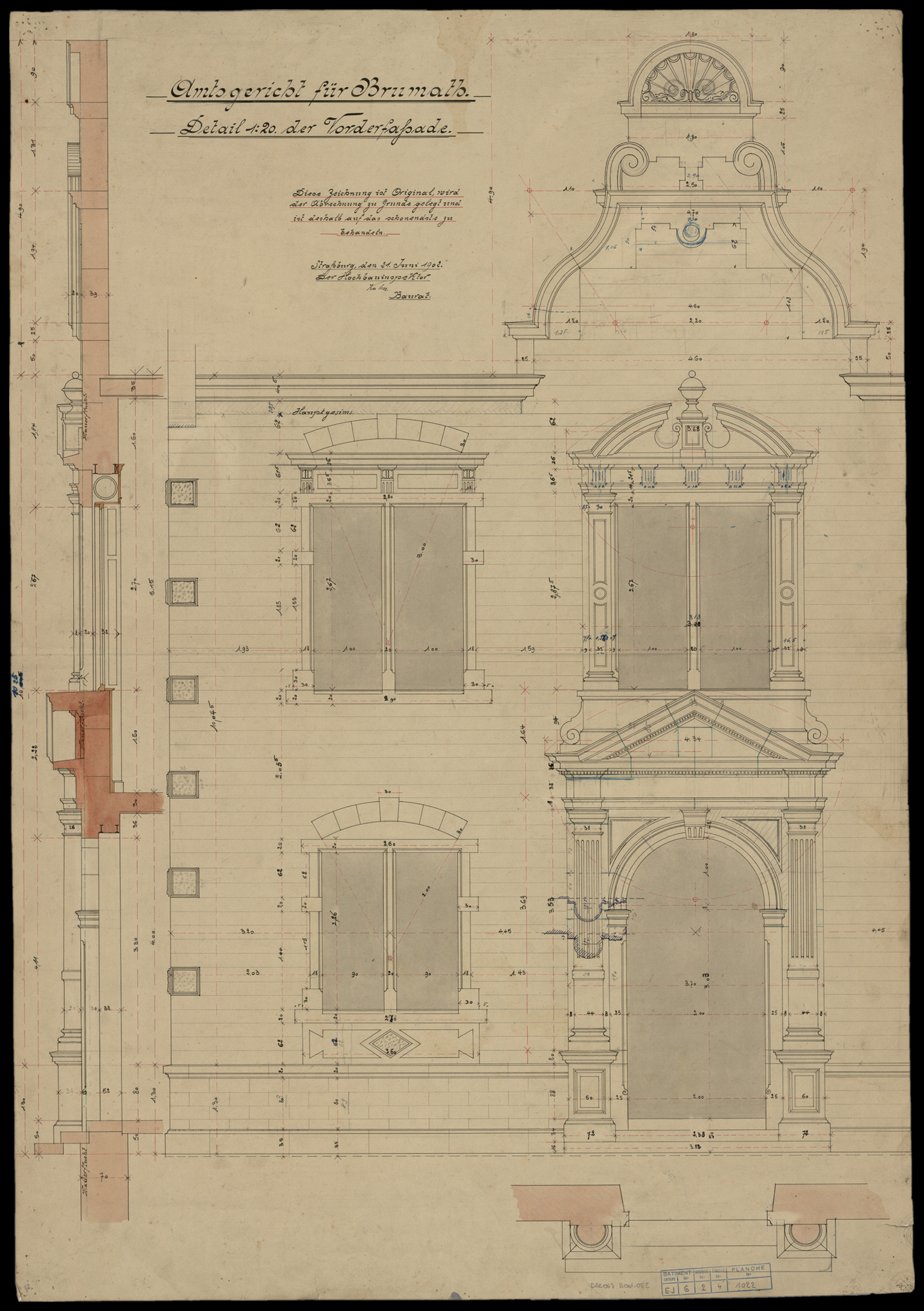 Nouveau bâtiment du tribunal, élévation de la façade principale, détails.