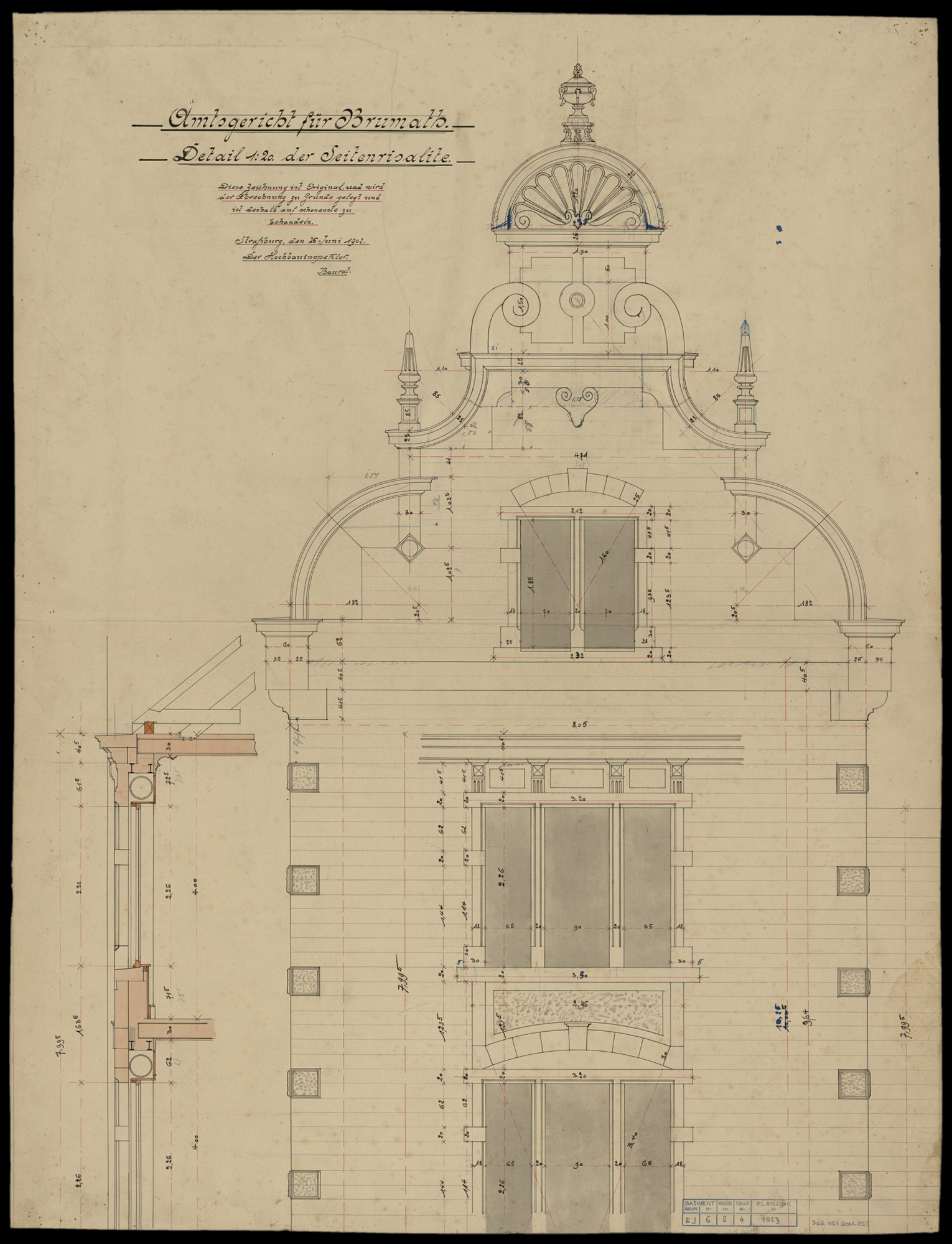 Nouveau bâtiment du tribunal, élévation de la façade latérale, détail de la risalite latérale.