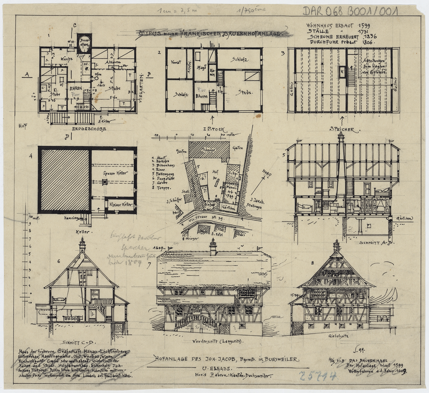 Ferme Jacob en plan, élévations et coupes.