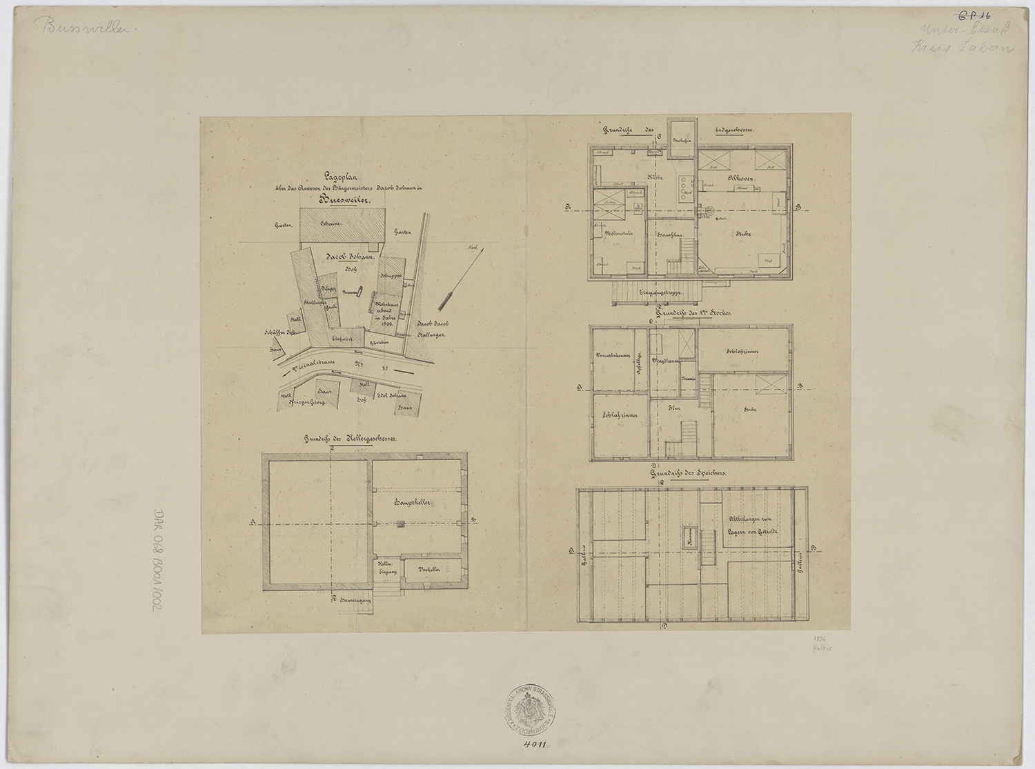 Ferme Jacob, plan de situation et plans des sous-sol, rez-de-chaussée, premier étage et combles.