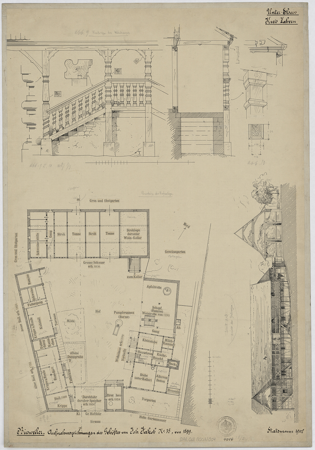 Ferme Jacob, plan, élévations des façades et détail des escaliers.