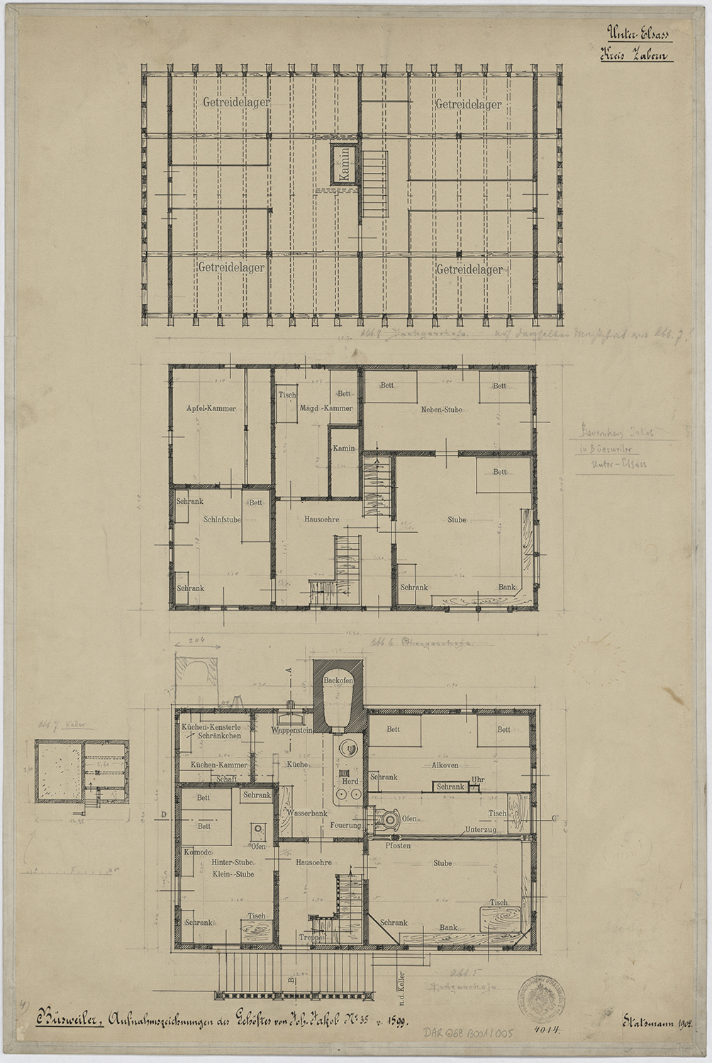 Ferme Jacob, plan des sous-sol, rez-de-chaussée, premier étage et combles.