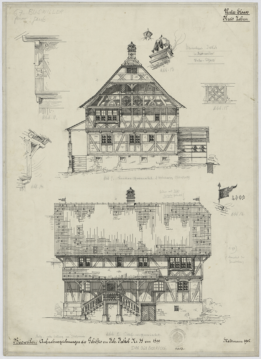 Ferme Jacob, élévations des façades sur rue et sur cour, détails.