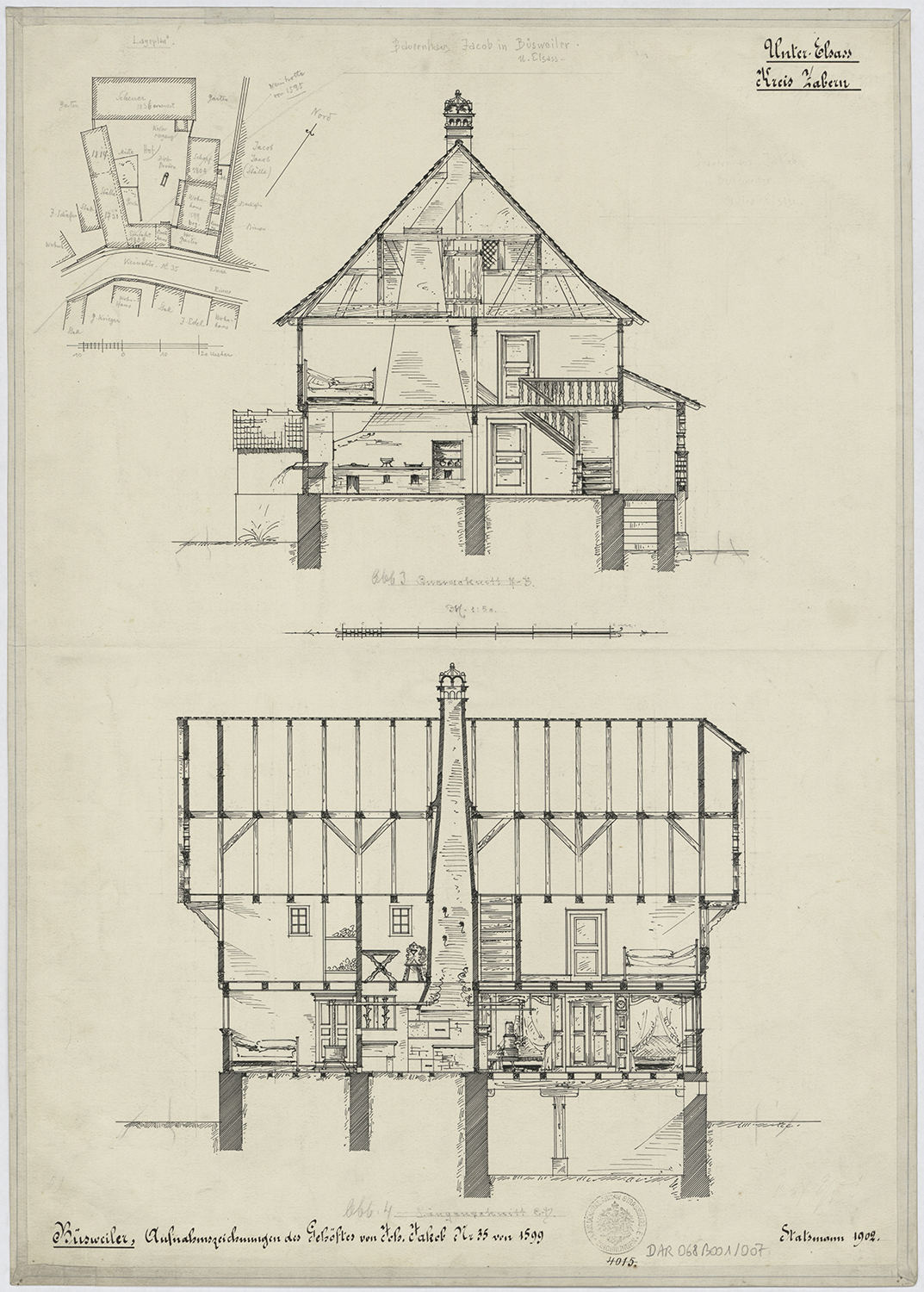 Ferme Jacob, plan de situation et coupes.