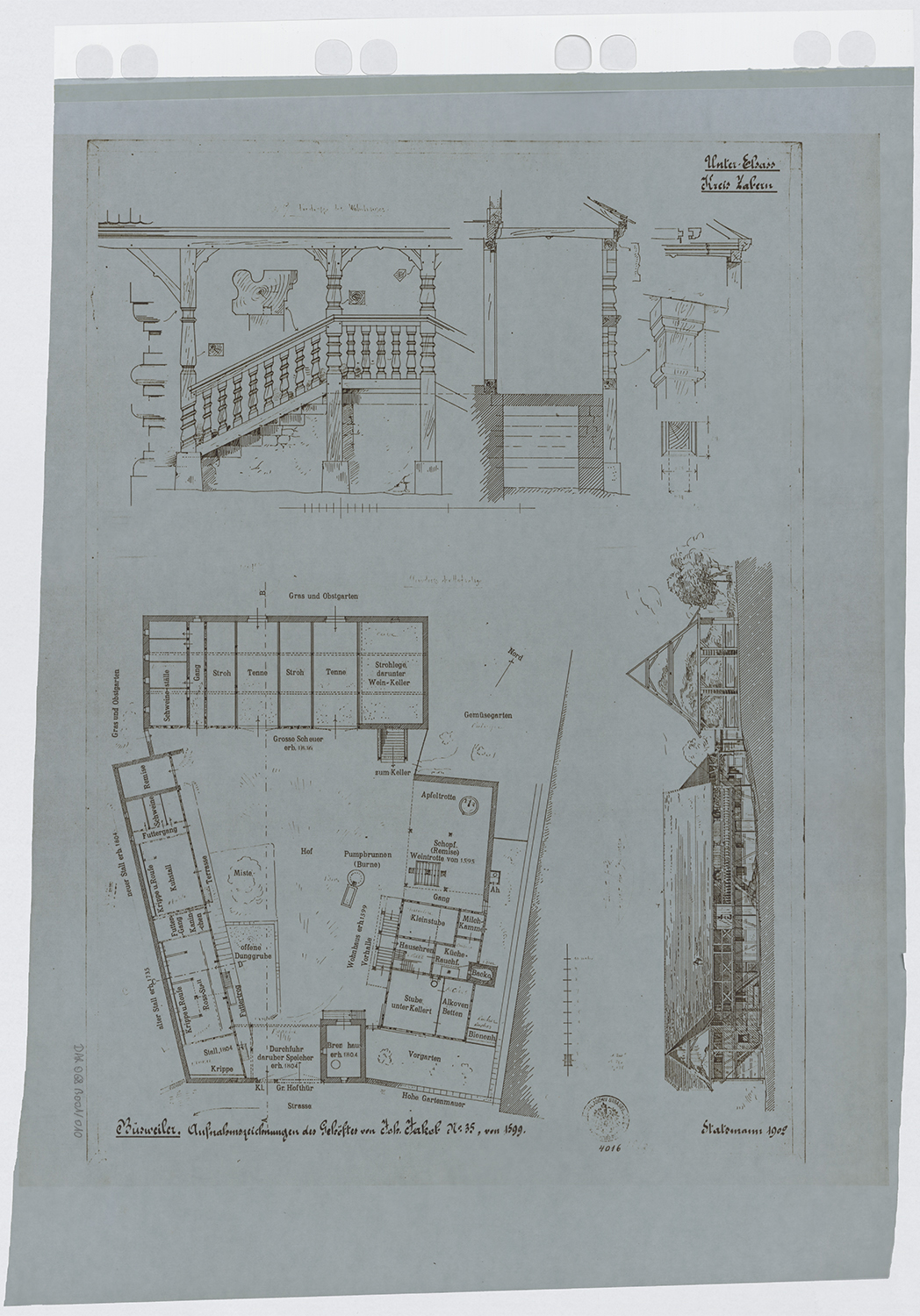 Ferme Jacob, plan, élévations des façades et détail des escaliers.