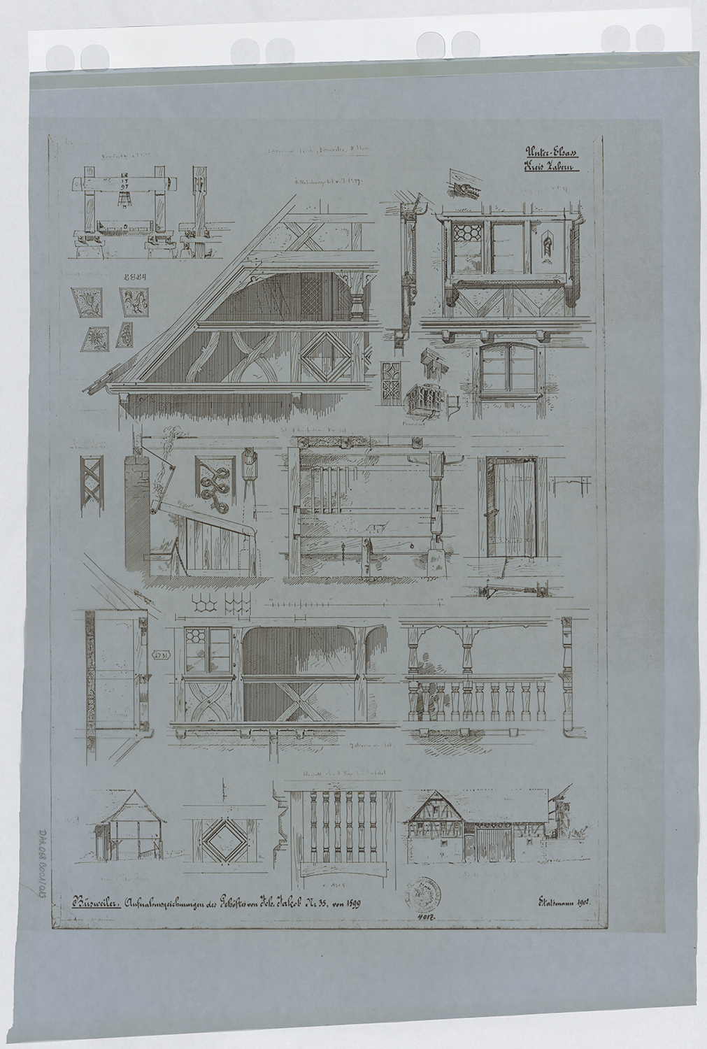 Ferme Jacob, relevés de détails : pignon, fenêtres, corps d'entrée, étables.