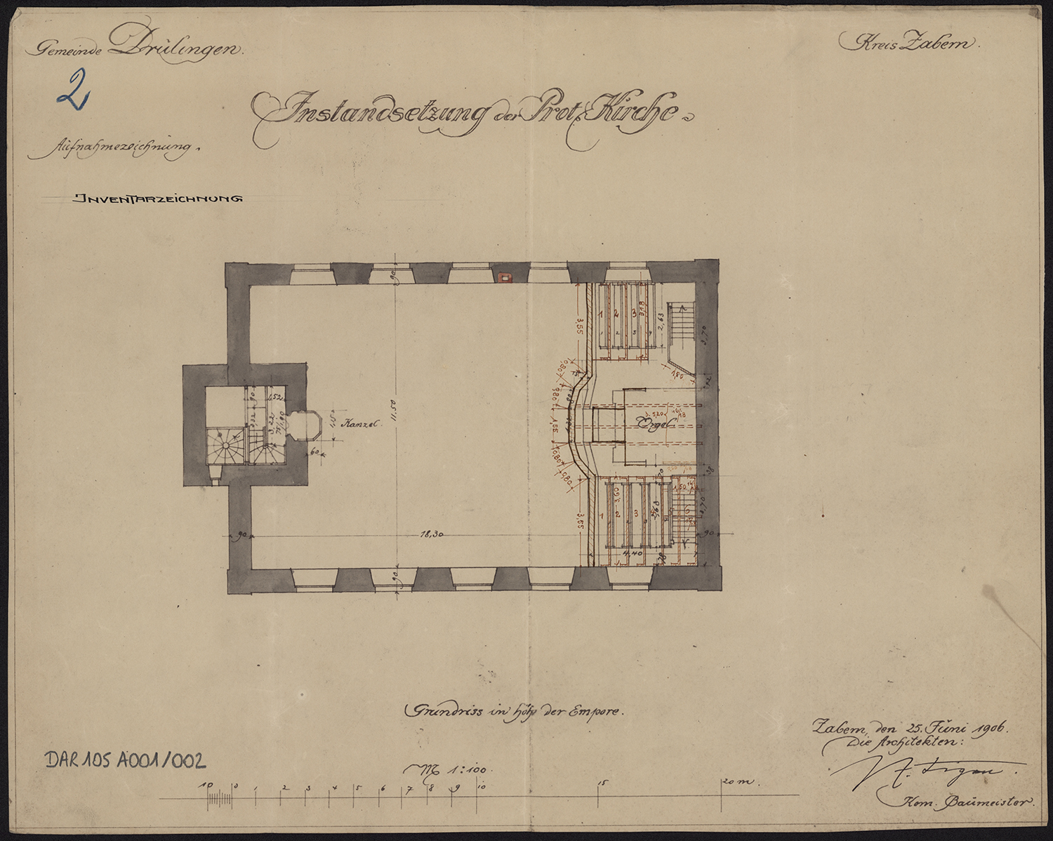 Plan du rez-de-chaussée à hauteur de la tribune, avec matérialisation du mobilier.