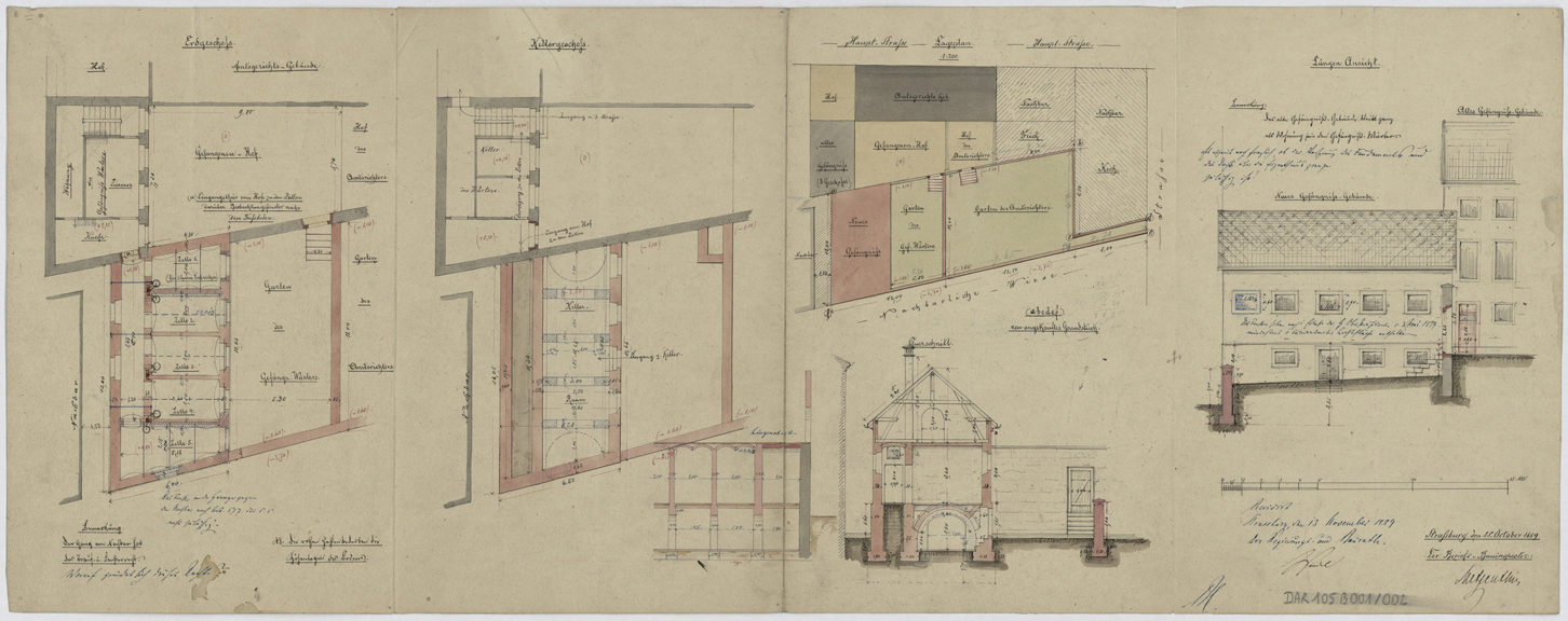 Bâtiment de la prison : plan de situation, sous-sol, rez-de-chaussée, élévation, coupes longitudinale et transversale.