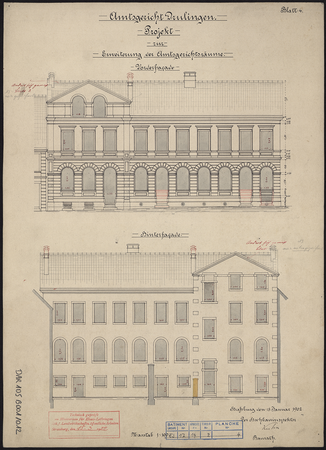 Projet d’extension : élévations de la façade avant et de la façade arrière.