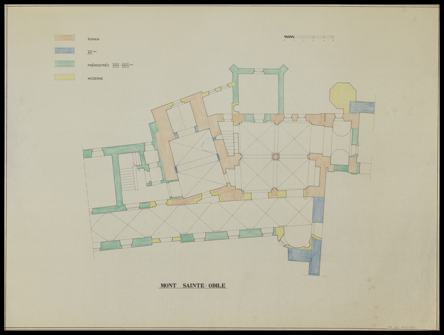 Plan de masse avec indications chronologiques des phases de construction.