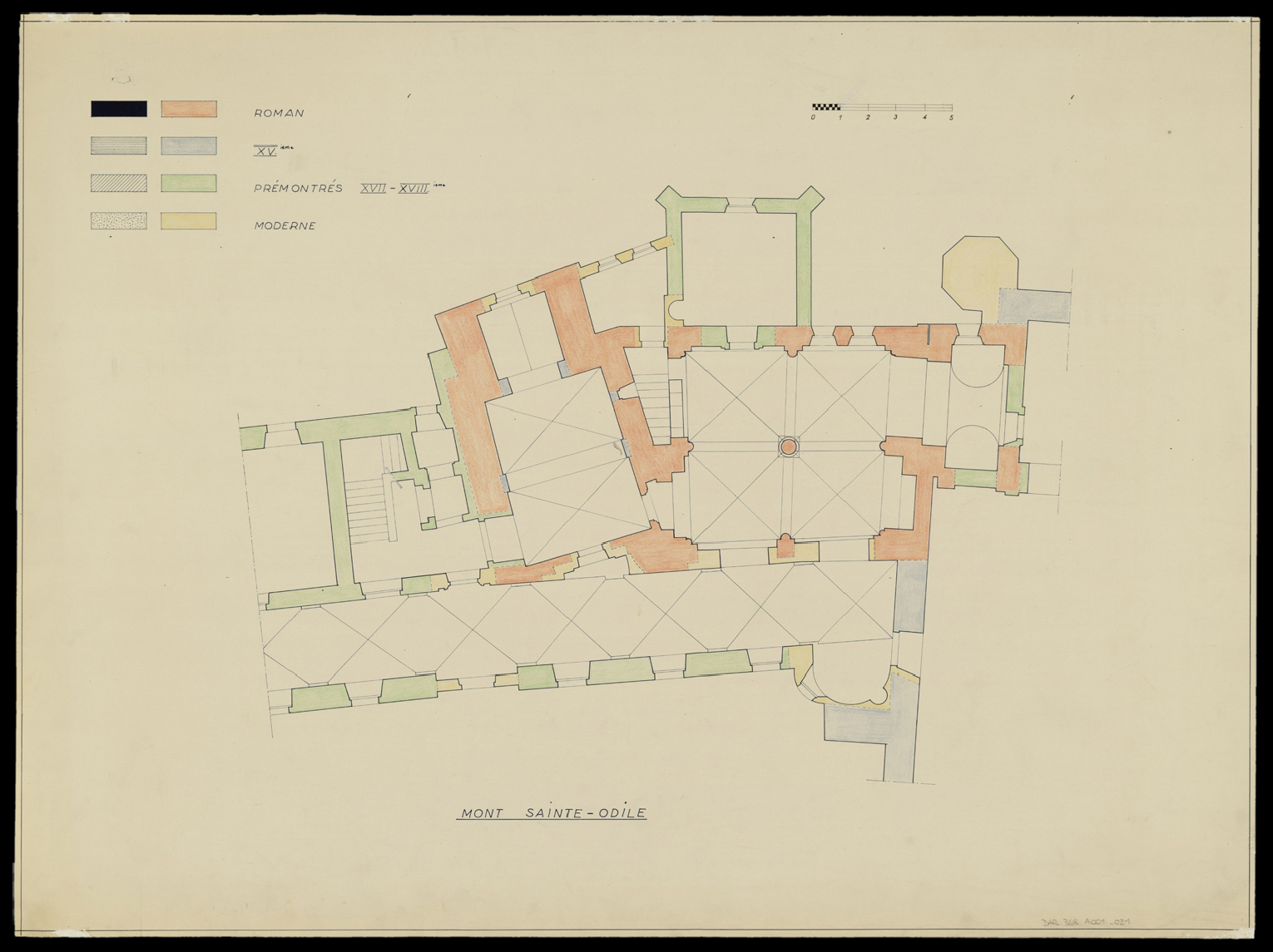 Plan de masse avec indications chronologiques des phases de construction.