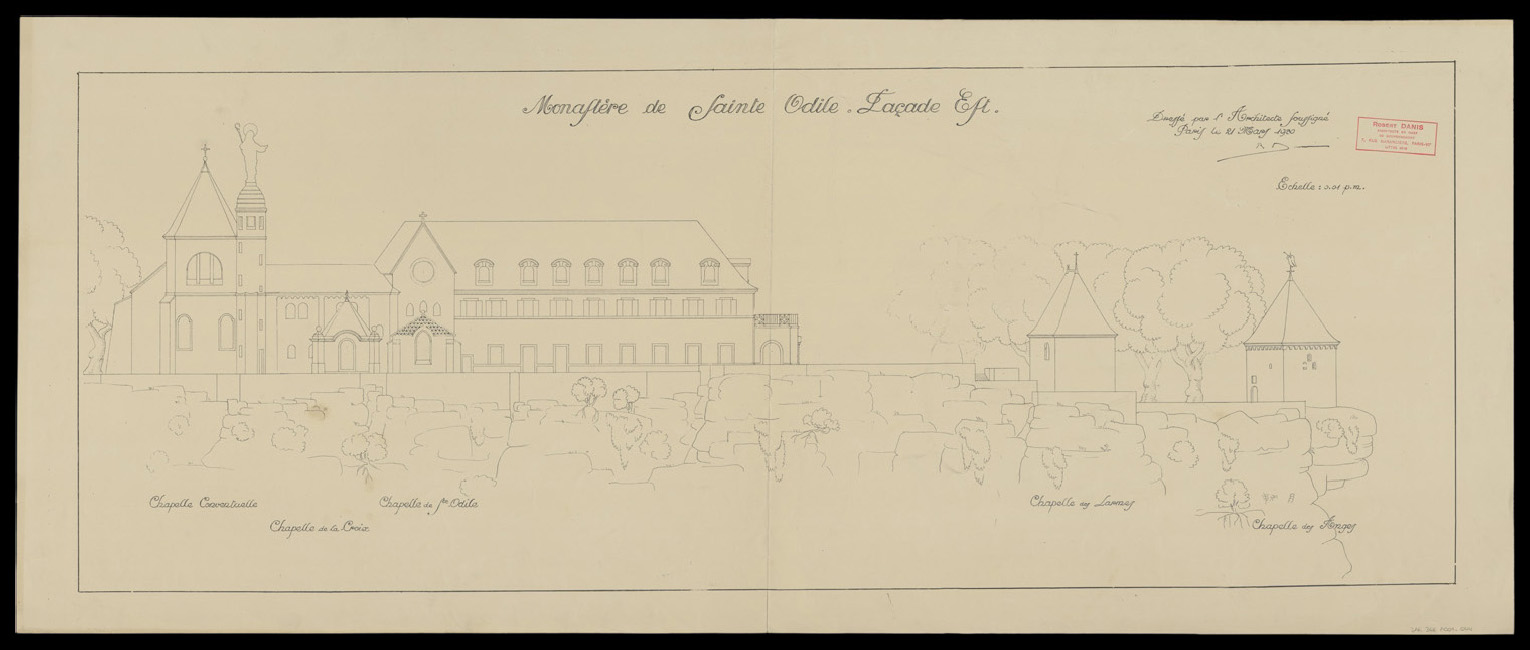 Elévation de la façade est et des chapelles de la terrasse.