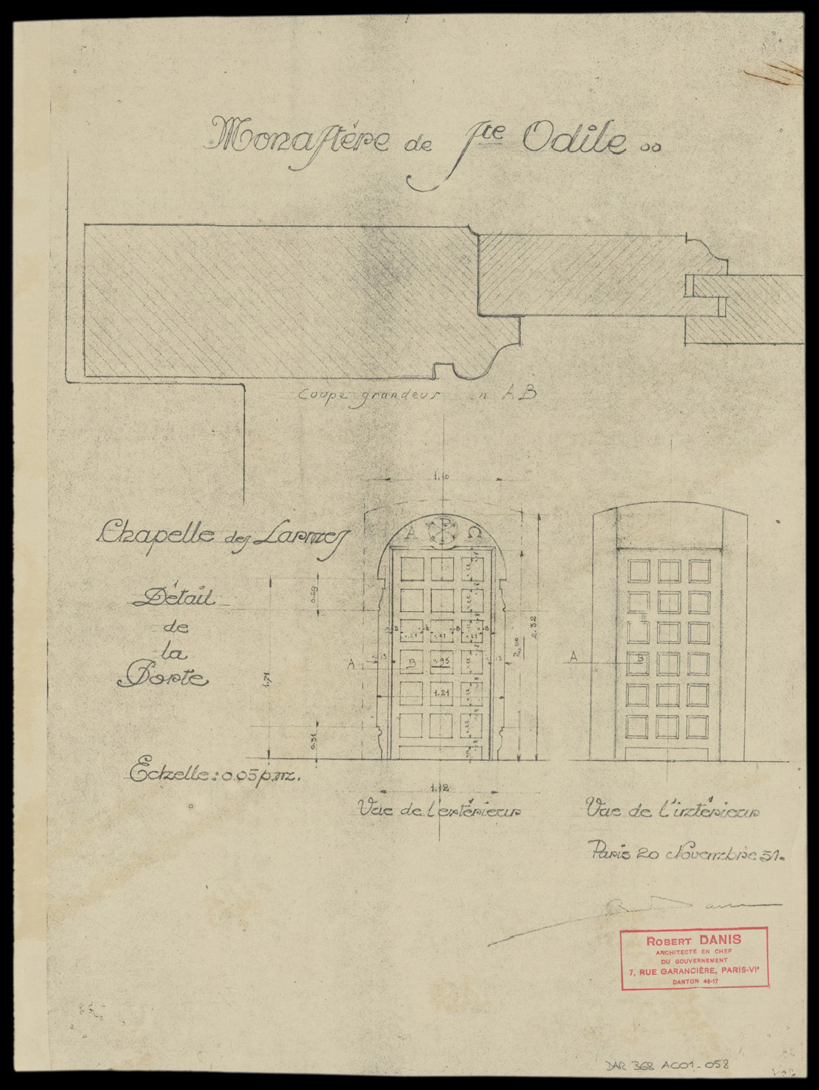 Chapelle des Larmes, élévations extérieure et intérieure et détail de la porte.