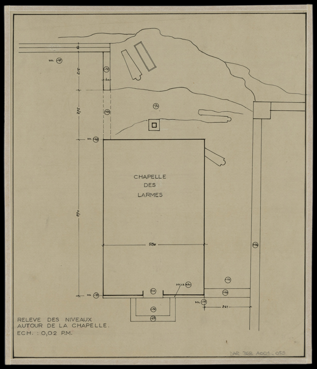 Chapelle des Larmes, relevé des niveaux autour de la chapelle.