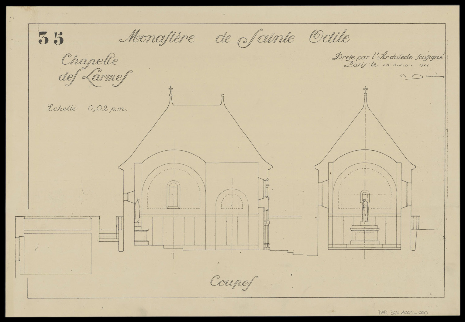 Chapelle des Larmes, coupes longitudinale et transversale.