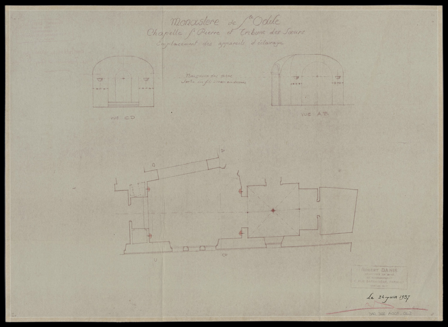 Système d’éclairage de la chapelle Saint-Pierre et tribune des sœurs, plan de situation et élévations intérieures.