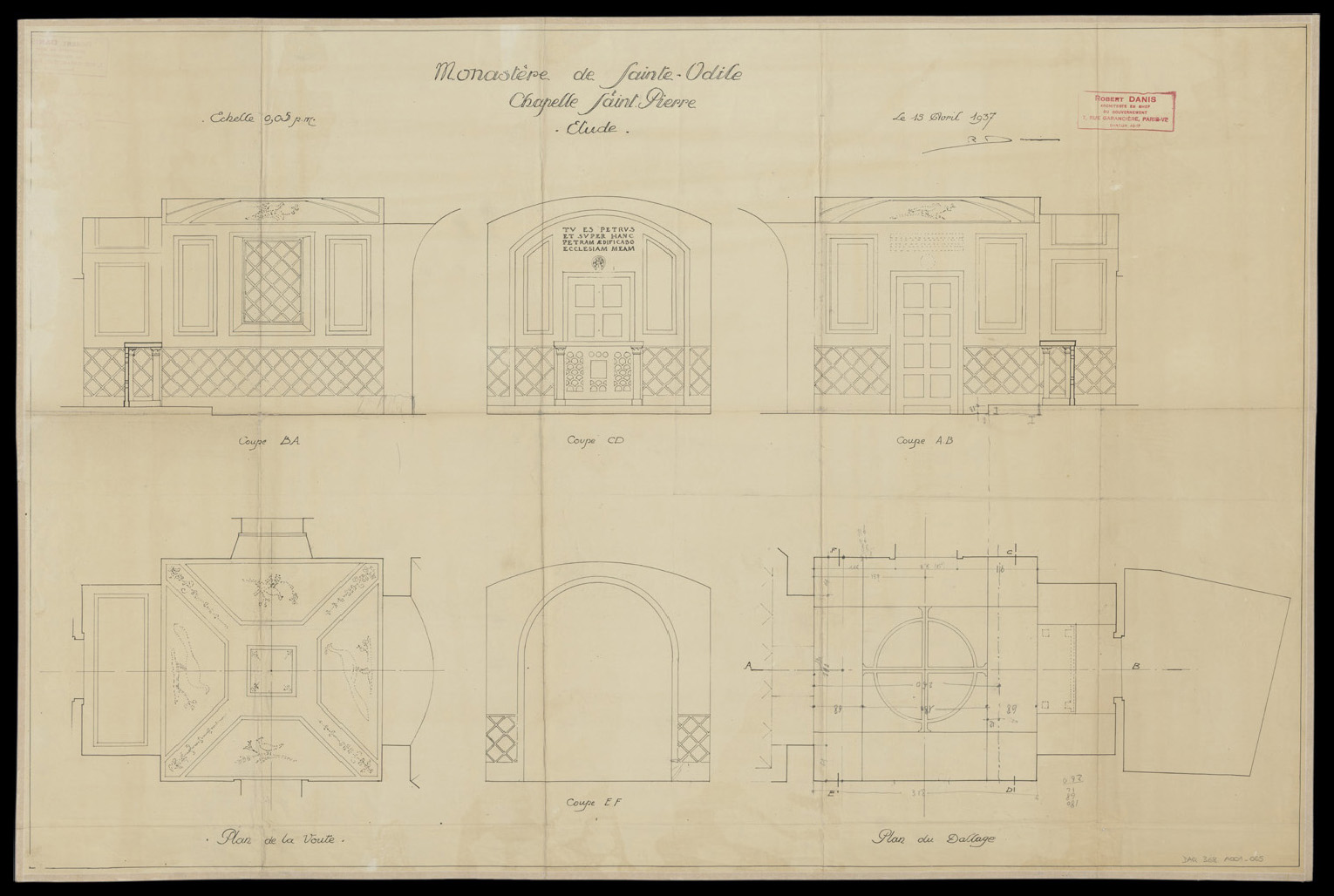 Chapelle Saint-Pierre, plans de masse et de la voûte, élévations intérieures.