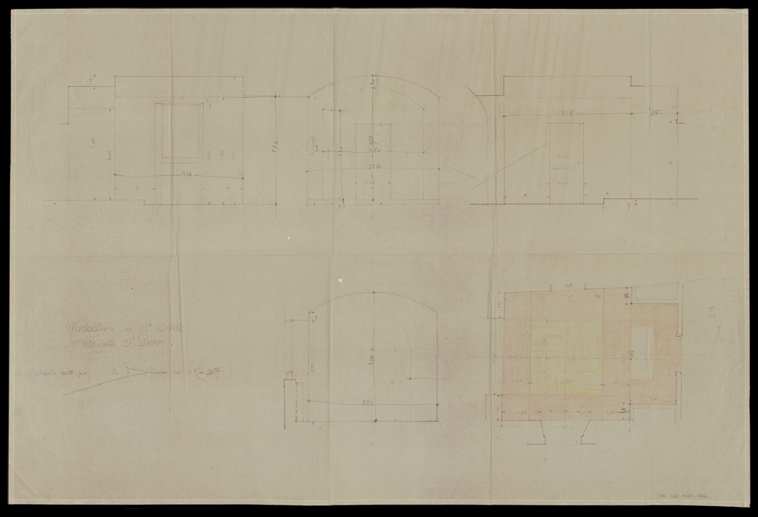 Chapelle Saint-Pierre, plan de masse et élévations intérieures.