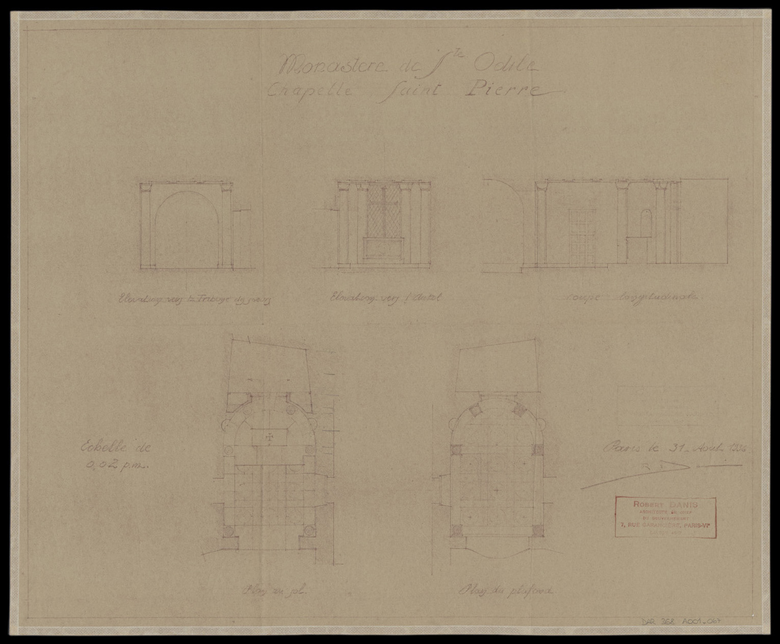 Chapelle Saint-Pierre, plans de masse et du plafond, élévations intérieures et coupe longitudinale.