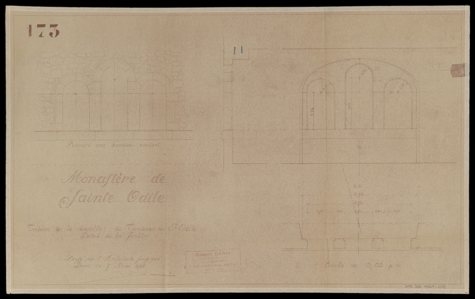 Chapelle du Tombeau, plan et élévations des fenêtres.