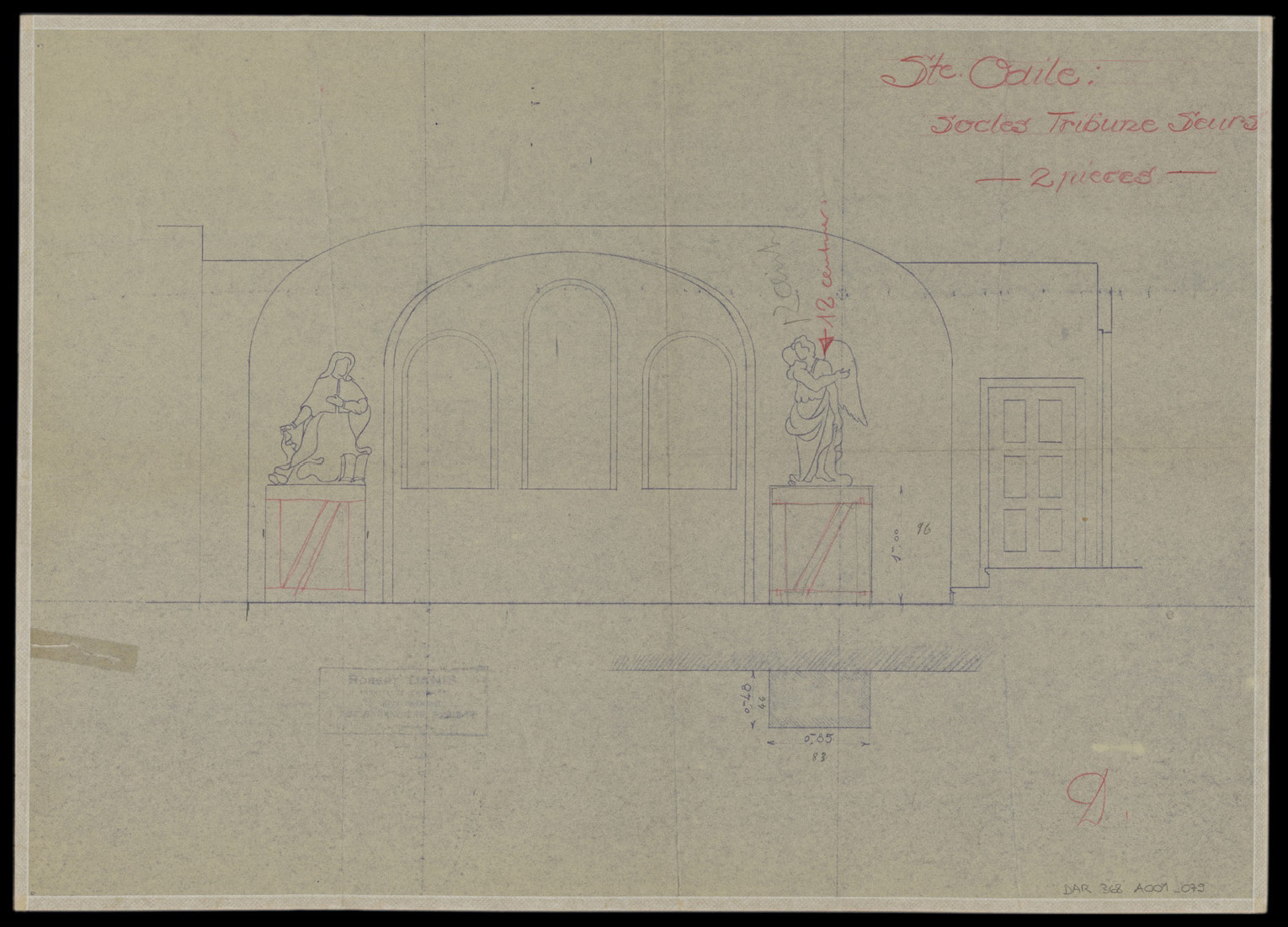 Tribune des sœurs, plan et élévation des socles des statues de sainte Odile et de l’ange.