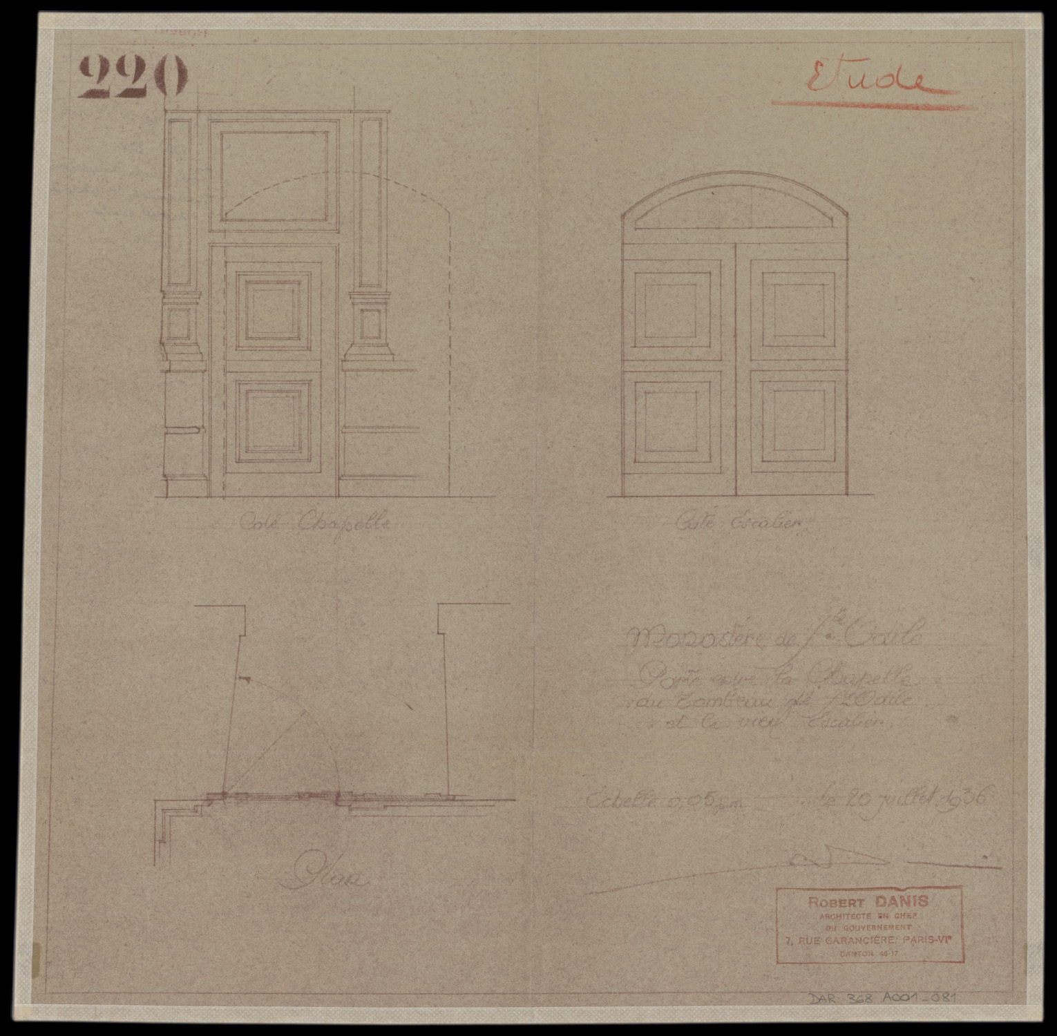 Porte entre le vieil escalier et la chapelle du Tombeau, plan et élévations.